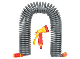 GRINDA PROLine набор поливочный: шланг спиральный 3/8″x15м, пистолет-распылитель, адаптеры - фото