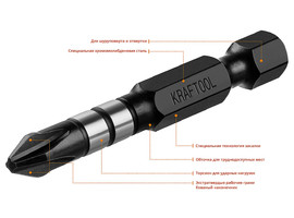 Биты KRAFTOOL Impact Pro, Philips, тип хвостовика E 1/4″, PH2, 50мм, 2шт, на карточке - фото № 2