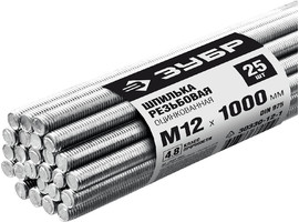 Шпилька резьбовая DIN 975, М12x1000мм, 25 шт, класс прочности 4.8, оцинкованная, ЗУБР - фото