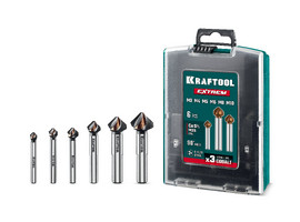 KRAFTOOL EXTREME Со5-А, 6 шт (6.3, 8.3, 10.4, 12.4, 16.5, 20.5 мм), Z3, 90°, сталь M35, U-образная спираль, набор зенковок (29734-H6) - фото